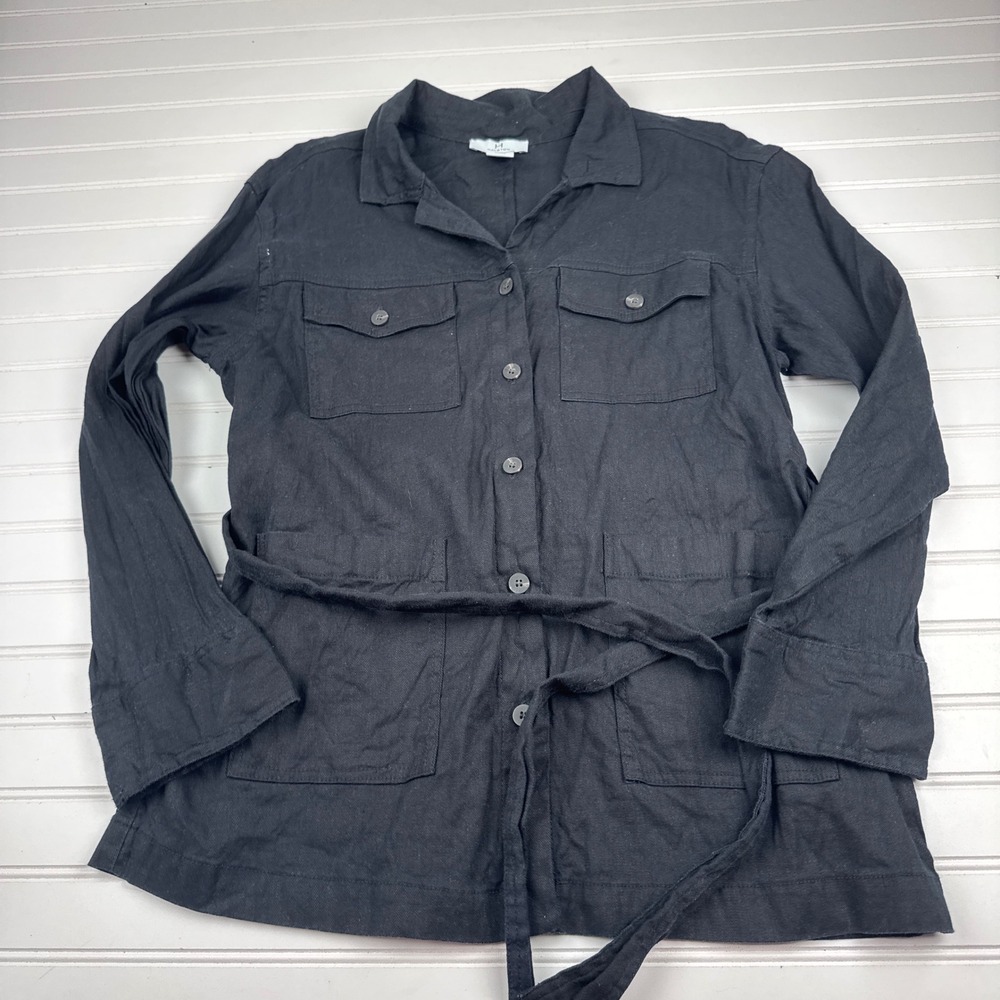 H Halston Women's Large Black Utility Shirt Jacket Linen Blend